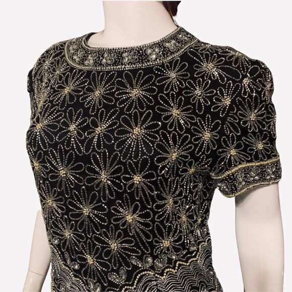 PAPELL Boutique Evening Solid Beaded 100% Silk Top with Scalloped Heim Large - Picture 4 of 8